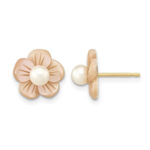 14K Gold Filled 3-4mm White FWC Pearl Pink MOP Flower Earrings, 11mm